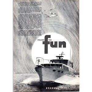 1971 Huckins Fairform Flyer Motor Yacht Vintage Print Ad Seabirds Sun Wall Art